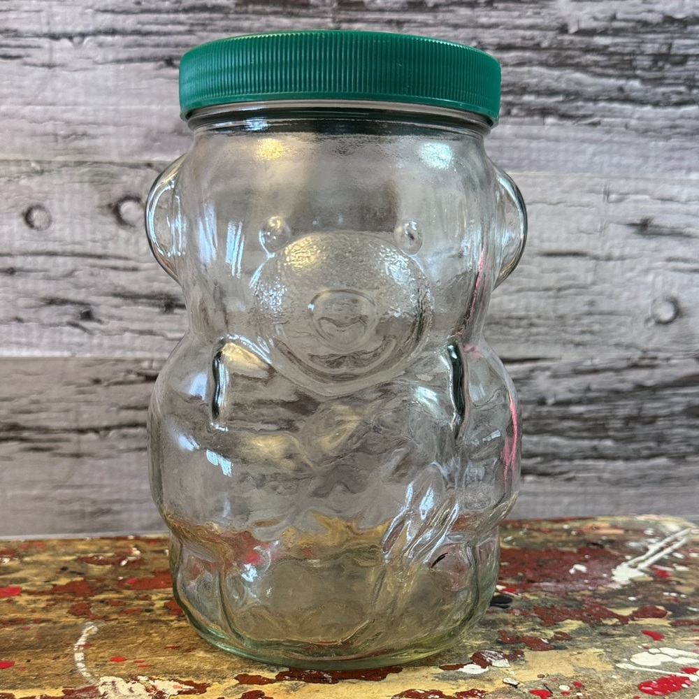 Vintage Clear Bear-Shaped Glass Peanut Butter Jar with Green Lid Coin Bank